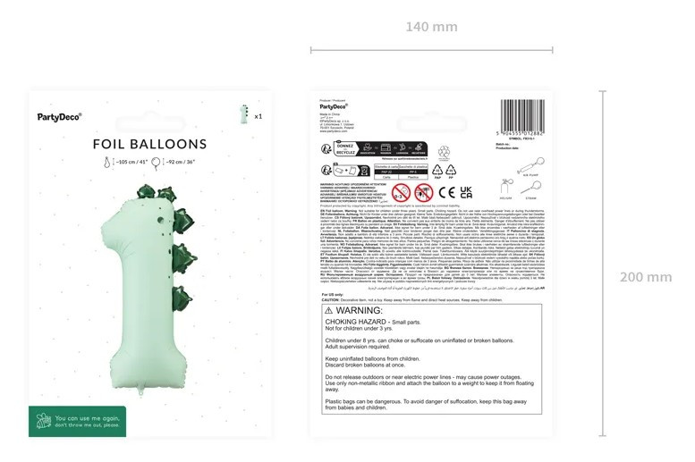 Balon foliowy Cyfra "1" Dinozaur 92cm FB315-1 PartyDeco